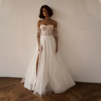 Очаровательное свадебное платье из блестящего тюля, Прозрачное свадебное платье с высоким разрезом и съемными длинными рукавами для невест