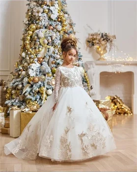 Платье цветочницы Из Белого Пушистого тюля с кружевом цвета Шампанского, Свадебное Элегантное платье принцессы для Первого причастия Маленького Цветка