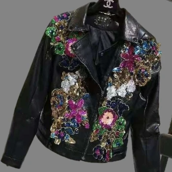 Шикарная куртка из искусственной кожи с цветочной вышивкой и блестками, Короткое пальто из искусственной кожи 