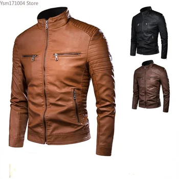 Весенне-осенняя мужская куртка из искусственной кожи, однотонная облегающая кожаная куртка в стиле ретро, дизайн мужской одежды, карман для мотоцикла, куртка из искусственной кожи, мужская