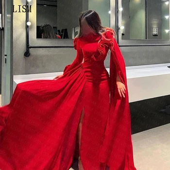 LISM Красное вечернее платье с длинными рукавами для официальных мероприятий, разрез сбоку, длина до пола, 2023, плюс размер, сшитый на заказ наряд, Праздничное платье
