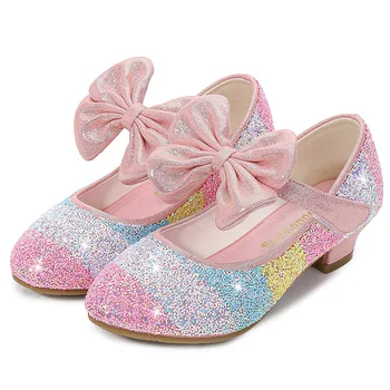 Обувь принцессы для девочек, детская обувь с круглым носком на мягкой подошве, на высоком каблуке со стразами, детская обувь для фестиваля, вечеринки, свадьбы, Рождества