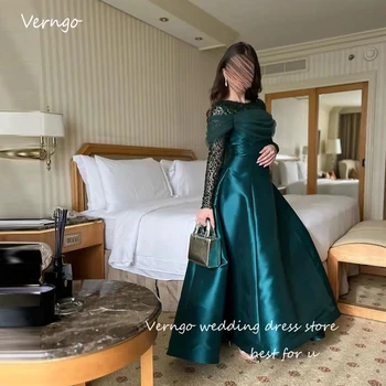 Verngo 2023 Темно-зеленые атласные женские вечерние платья из Саудовской Аравии с блестящими длинными рукавами и украшенным драгоценностями вырезом, винтажные вечерние платья для выпускного вечера
