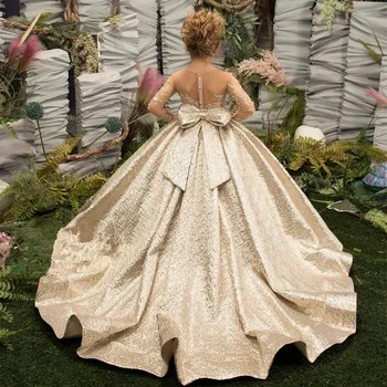 Золотые атласные платья для девочек-цветочниц для свадеб, Кружевной тюль с открытой спиной, Винтажные платья для маленьких принцесс-невест, детские платья для Первого причастия