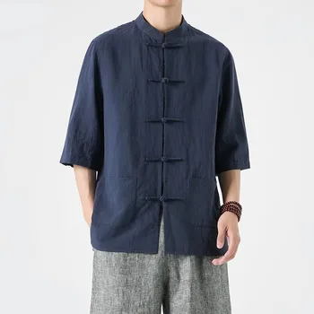 Мужская рубашка из хлопка и льна, однотонная куртка, китайская традиционная куртка эпохи Тан, одежда для кунг-фу тайцзи с длинными рукавами