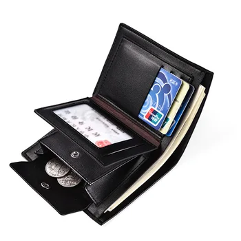 Высококачественный мужской однотонный короткий кожаный бумажник с несколькими отделениями для карт и прозрачным окошком для удостоверения личности для студентов