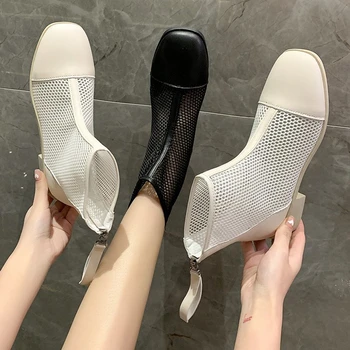 Модные женские сапоги для верховой езды из сетчатой ткани с квадратным носком на высоком каблуке 2023 года, Летние дышащие Короткие одиночные ботинки в британском стиле