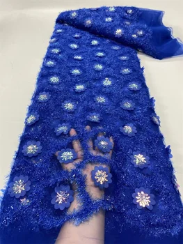 Новое поступление Африканской кружевной ткани с 3D цветком 2022, Высококачественная Нигерийская кружевная ткань, Синий Французский тюль, кружевная ткань для вечеринки Wp81-2