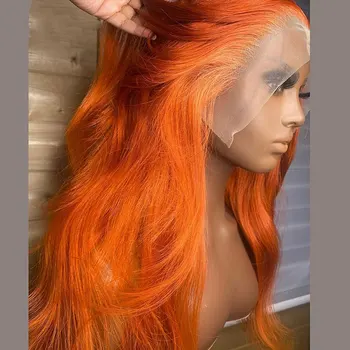 Потрясающий Имбирно-Оранжевый Натуральный Прямой синтетический парик на кружеве, предварительно выщипанный по линии роста волос для женщин, парики из термостойких волокон для волос