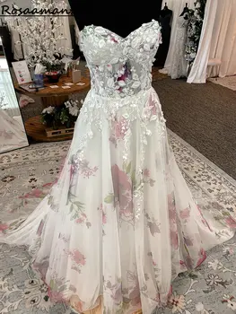 Реальное изображение Свадебные платья с милым цветочным принтом, Трапециевидные аппликации без рукавов, кружевные свадебные платья в стиле бохо Кантри