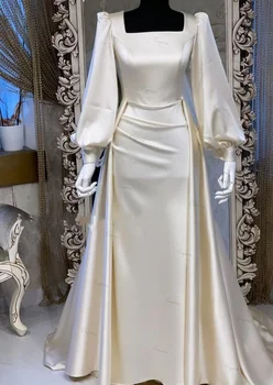 Ciynsia Vestidos De Novia 2024, Роскошные атласные простые мусульманские свадебные платья с квадратным вырезом для невесты, свадебные платья цвета слоновой кости с длинными рукавами