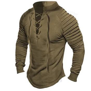 Весенняя мужская рубашка с длинными рукавами, винтажный топ со стоячим воротником, на шнуровке, пуловер оверсайз, футболки, мужские повседневные толстовки, блузы