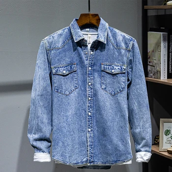 2023 Новая Японско-Корейская джинсовая рубашка в стиле ретро с длинными рукавами, мужская модная повседневная универсальная джинсовая рубашка, куртка, Мужские повседневные рубашки