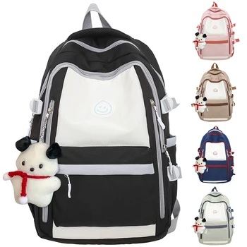 Школьная сумка для девочек, рюкзак для колледжа с принтом улыбающегося лица, большой емкости, водонепроницаемый, с подвеской, нейлоновая сумка для отдыха и путешествий на открытом воздухе