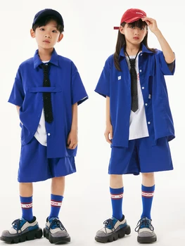Летняя детская одежда в стиле хип-хоп, синяя рубашка с короткими рукавами, шорты, костюм для уличных танцев, одежда для выступлений в стиле хип-хоп для мальчиков и девочек BL10006