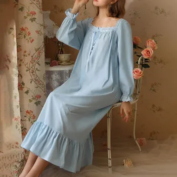 Женское платье для сна в винтажном стиле, хлопковая ночная рубашка с длинным рукавом на весну и осень, женское пижамное платье с коротким рукавом