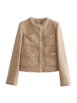 YENKYE Женская винтажная короткая твидовая куртка с потертыми карманами, длинным рукавом и круглым вырезом, женское шикарное осеннее пальто