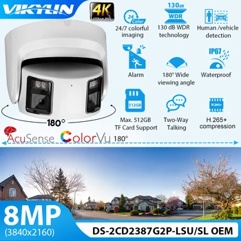 Vikylin 4K 8MP Ultra HD Двухобъективная Наружная Камера Безопасности Для Hik DS-2CD2387G2P-LSU/SL AcuSense ColorVu Полноцветная POE Камера