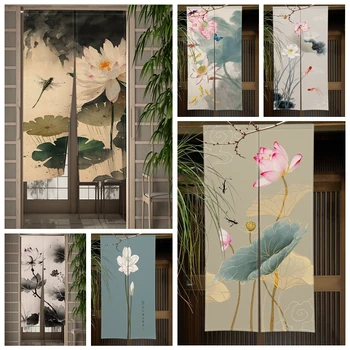 Японская дверная занавеска Noren Цветок лотоса Сливы Китайская Традиционная живопись Дверной проем кухни спальни, Входная дверь, висящая наполовину в куртае