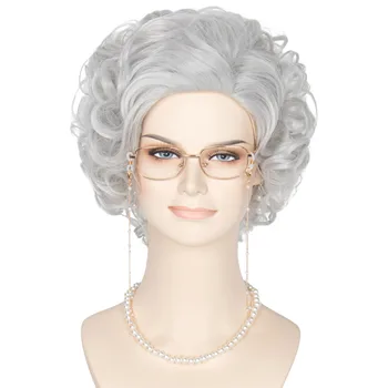 Мисс U волосы короткие вьющиеся парик Серебряный бабушка бабушки старушка парик для женщин Хэллоуин партии косплей парик 5шт