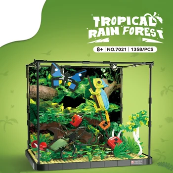 Креативный Микро-Ландшафт MOC Build Block Животное Модель Тропического Леса Кирпич Бабочка-Хамелеон Жук-Олень Игрушка Со Светом