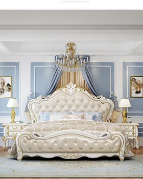 Европейская кровать из массива дерева, Элитная Главная спальня, двуспальная кровать 1,8 м, Роскошная мягкая кровать принцессы из массива дерева с резьбой домашнего изготовления