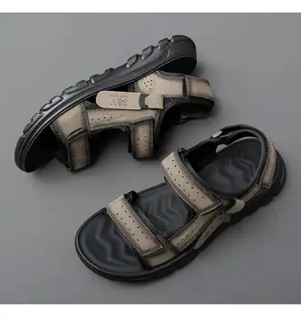 Мужские летние кожаные повседневные спортивные сандалии One Word с открытым носком на мягкой нескользящей подошве, дышащие уличные повседневные пляжные сандалии