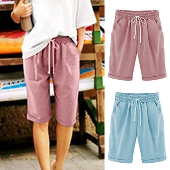 Летние шорты с эластичным поясом, повседневные хлопчатобумажные льняные шорты длиной до колен, спортивные шорты для завивки с завязками