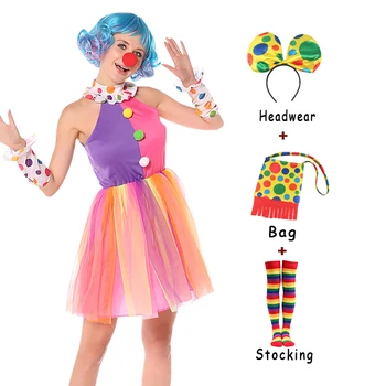 Взрослый Забавный женский костюм Циркового Клоуна с сумкой для чулок, мини-платье, Озорной женский костюм Арлекина