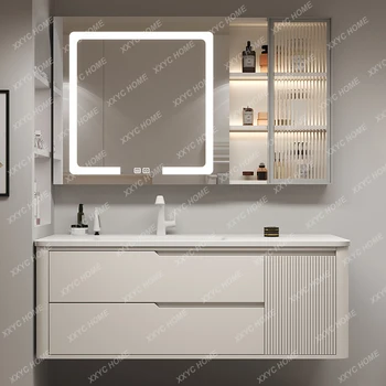 Цельный умывальник, шкаф для ванной комнаты, комбинированный шкаф для ванной комнаты в кремовом стиле, шкаф для ванной комнаты из скандинавского дуба, умывальник для ванной комнаты