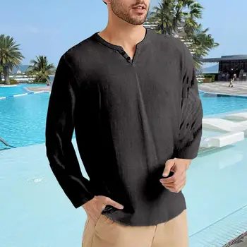 Весенне-осенняя мужская однотонная футболка с V-образным вырезом и пуговицами, длинный рукав, пуловер свободного кроя, топы, уличная одежда