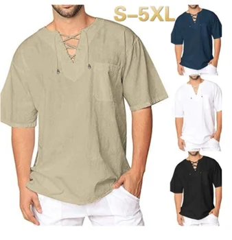 2023 новая летняя мужская футболка с галстуком из хлопка и льна с воротником-стойкой, повседневная мужская рубашка