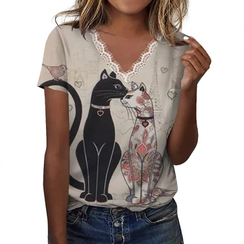 2023, свободная модная повседневная летняя футболка Kawaii с коротким рукавом и V-образным вырезом, женская футболка с принтом Cat Element