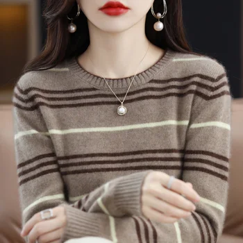 Осенне-зимний женский новый вязаный топ в полоску из 100% чистой шерсти, однотонный свитер с круглым вырезом, модный дышащий пуловер