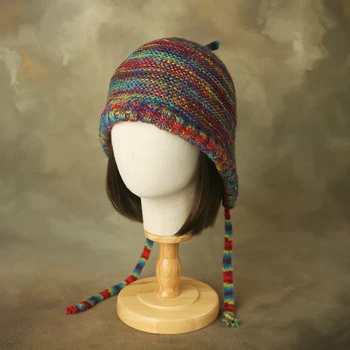 Осенне-зимние винтажные радужные милые теплые шерстяные шапки с защитой для ушей для мужчин и женщин, уличные вязаные шапки ручной работы
