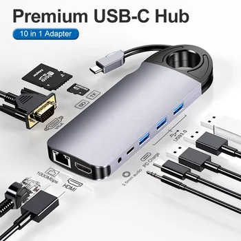 USB C КОНЦЕНТРАТОР к HDMI-совместимому Адаптеру VGA USB 3.0 10 в 1 USB Type C Концентратор-Док-станция для MacBook Pro Air PD RJ45 SD Reader 3,5 мм Аудио