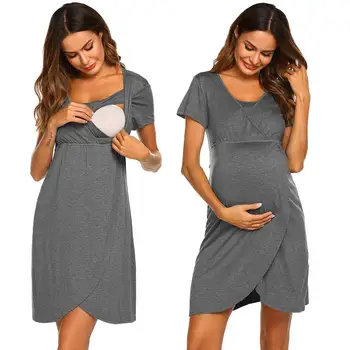 Новое платье для беременных, Женское платье для беременных с круглым вырезом, короткий рукав, Однотонное Летнее платье Camisa De Dormir Maternidade