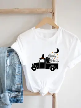 Truck Cat Trend, Милая женская футболка 90-х с принтом на Хэллоуин, День Благодарения, Осенняя футболка, одежда, футболка, женский графический топ