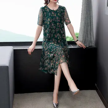 Новое летнее свободное женское платье с фрагментированным цветочным принтом, Круглый вырез, Короткий рукав, Повседневное Свободное Сексуальное платье для мамы средней длины