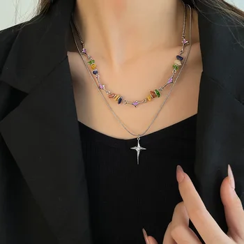 Ожерелье с крестом из разноцветных камней в стиле хип-хоп, двухслойная модная цепочка-ошейник для женской вечеринки, подарок на день рождения
