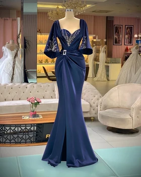 Вечерние платья Дубая для женщин, роскошные элегантные выпускные платья 2023 темно-синего цвета с оборками, длинные платья с разрезом в виде русалки
