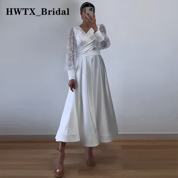 Белые платья для выпускного вечера трапециевидной формы, атласное платье чайной длины с длинным рукавом и блестками, арабские вечерние платья для коктейлей