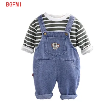 Корейская детская одежда, весна-осень, полосатая толстовка с длинным рукавом, комбинезон с мультяшной вышивкой, костюм, футболка + джинсы, комплект из двух предметов