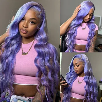 Светло-фиолетовый длинный объемный волнистый кружевной парик спереди, Боковая часть, Синтетические кружевные парики спереди для женщин, Фиолетовые кружевные парики с натуральной линией роста волос