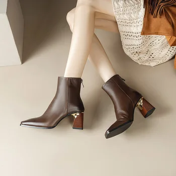 Женские ботильоны Phoentin в стиле ретро с квадратным носком из натуральной кожи, дизайнерские туфли на высоком каблуке 2023, осенне-зимние короткие ботинки FT2773