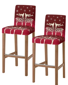 Рождественские Чехлы для барных стульев с оленями и снежинками Красного цвета, эластичная короткая спинка, Защита сидений стульев для домашней столовой