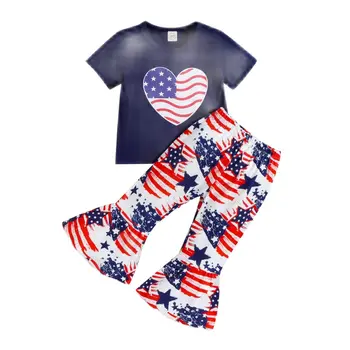 Коллекция летнего бутика Independence для девочек, Детская одежда Темно-синего цвета, Топ с коротким рукавом, расклешенные брюки с рисунком флага, Футболка