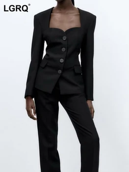 LGRQ 2023 Модный Повседневный однотонный женский Блейзер с нишевым дизайном, осенний тонкий костюм с квадратным вырезом, Уличный 19F1730