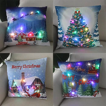 Со светодиодной подсветкой, наволочка с рисунком Санта-Клауса, украшение дивана для гостиной, квадратная подушка из полиэстера, наволочка для подушки