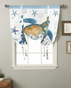 Морская черепаха Раковина Голубой морской звезды Кухня Короткий Карниз для штор Карманные шторы Домашний Декор Маленькое окно Римские шторы на завязках